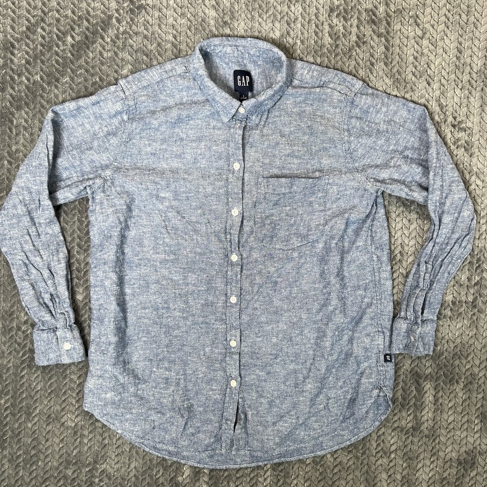 Gap Mens Shirt Large Blue Chambray Linen Blend Pocket Light Casual Spring S